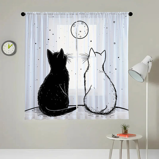 2 pieces HD digital Black and white kitten printed window screen home decor style decoration living room window curtain