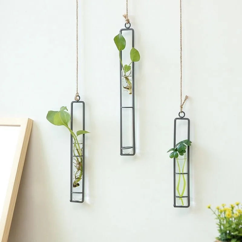 Iron Glass Vase Hemp Rope Pendant Living Room Wall Hanging Hydroponic Green Ivy Plant Container Hanging Wall Decoration