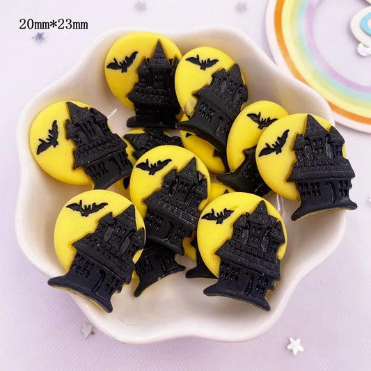 Resin Kawaii Colorful Bat House Sweeper Cat Pumpkin House Ghost Flatback Cartoon Figurine 10PCS Scrapbook DIY Halloween Decor
