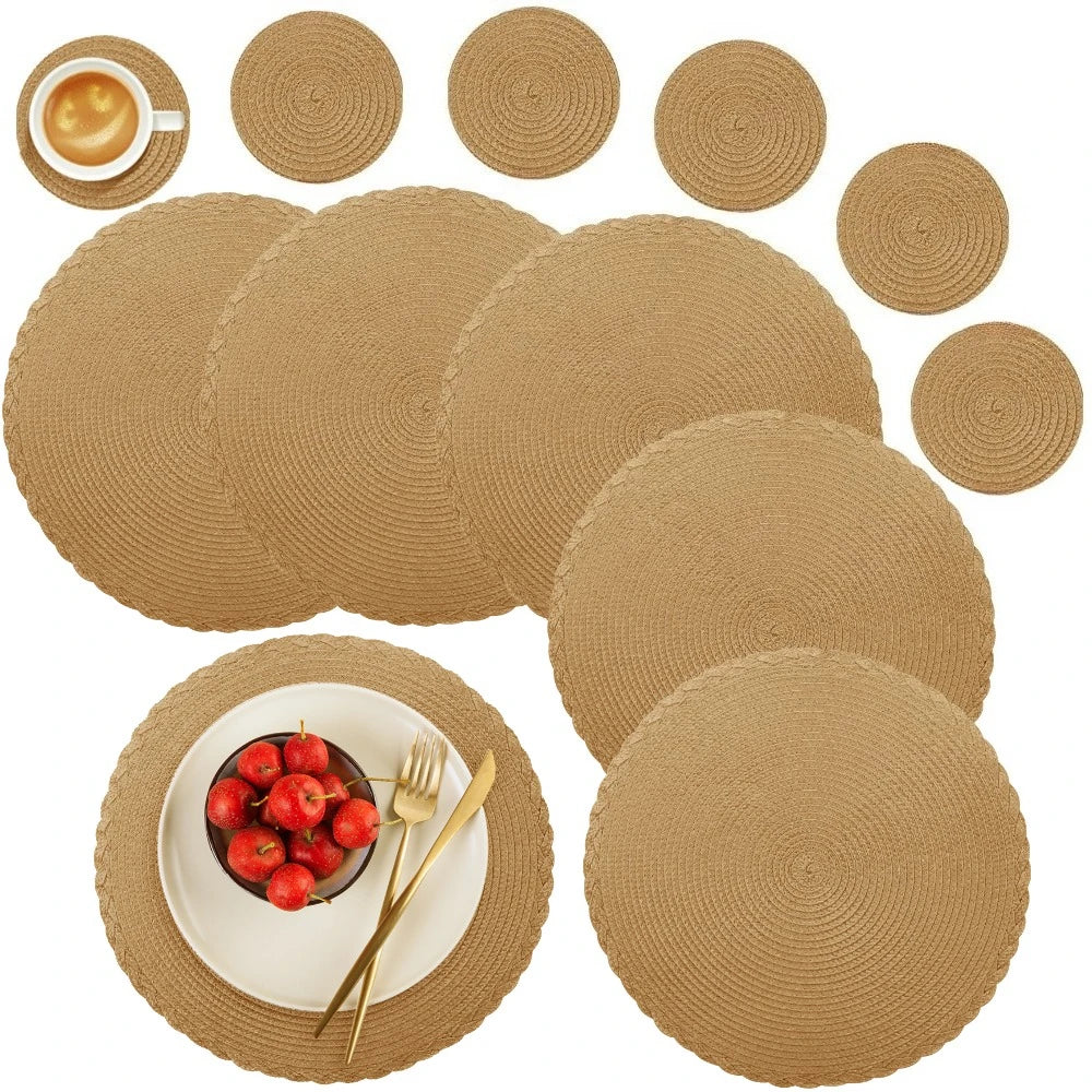 Set of 6 Round Placemats and Coasters Braided Woven Place Mats Washable Heat Resistant Table Mats for Dining Table Kitchen Home