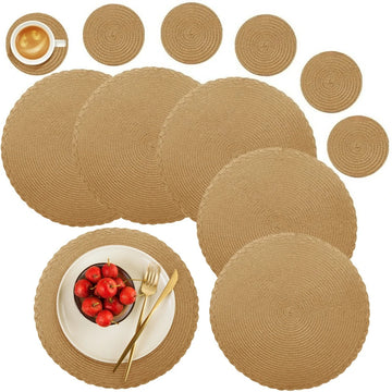Set of 6 Round Placemats and Coasters Braided Woven Place Mats Washable Heat Resistant Table Mats for Dining Table Kitchen Home