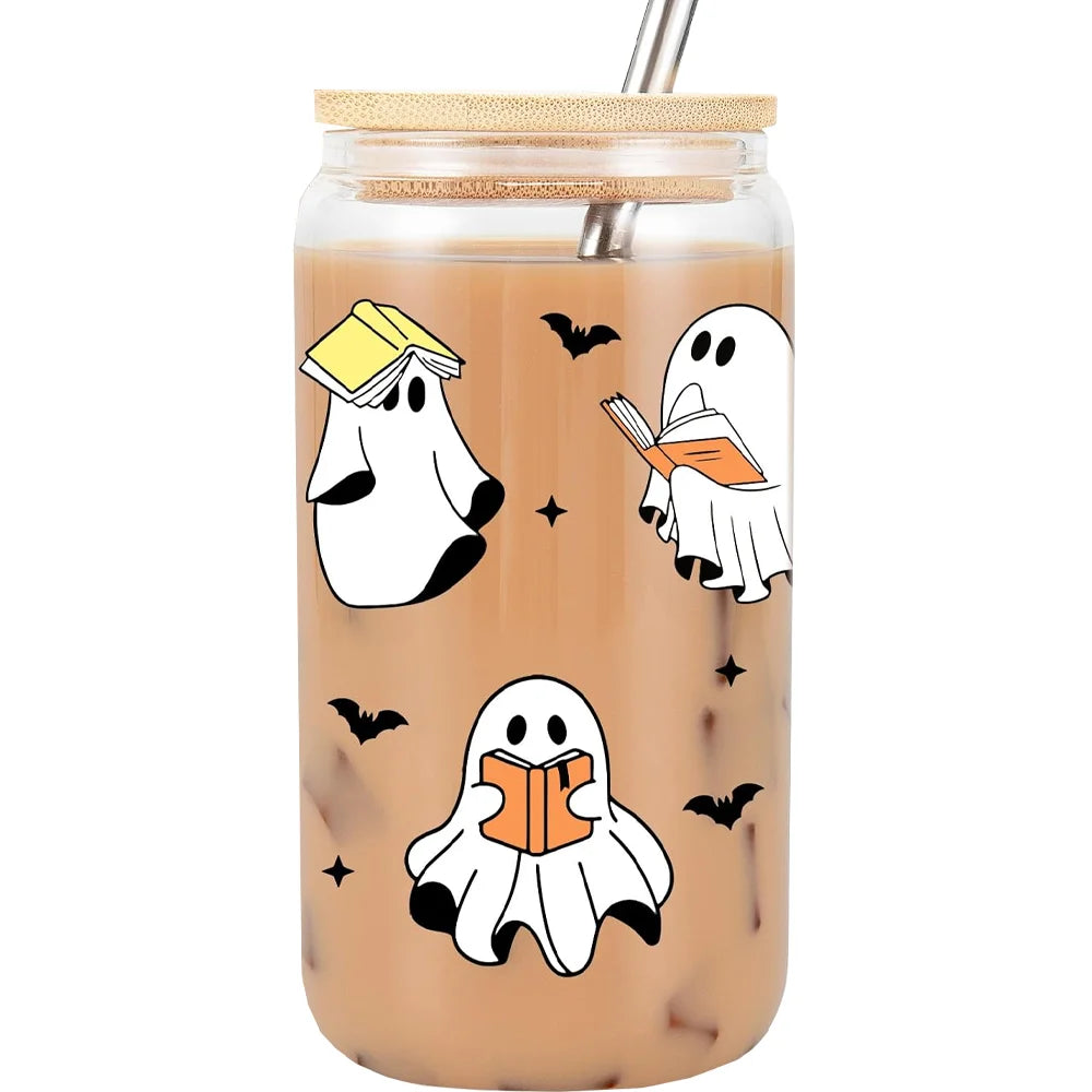 1Pcs Cute Ghost Water Cup Halloween Gift for Book Lovers Iced Coffee Tumbler Cup W/Lid Straw Table Accessories Librarian Gift