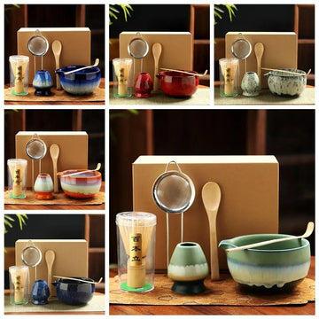 6PCS Ceramic Bamboo Japanese Matcha Tea Set Matcha Bowl Matcha Whisk Holder Matcha Whisk Set Reusable Matcha Making Kit