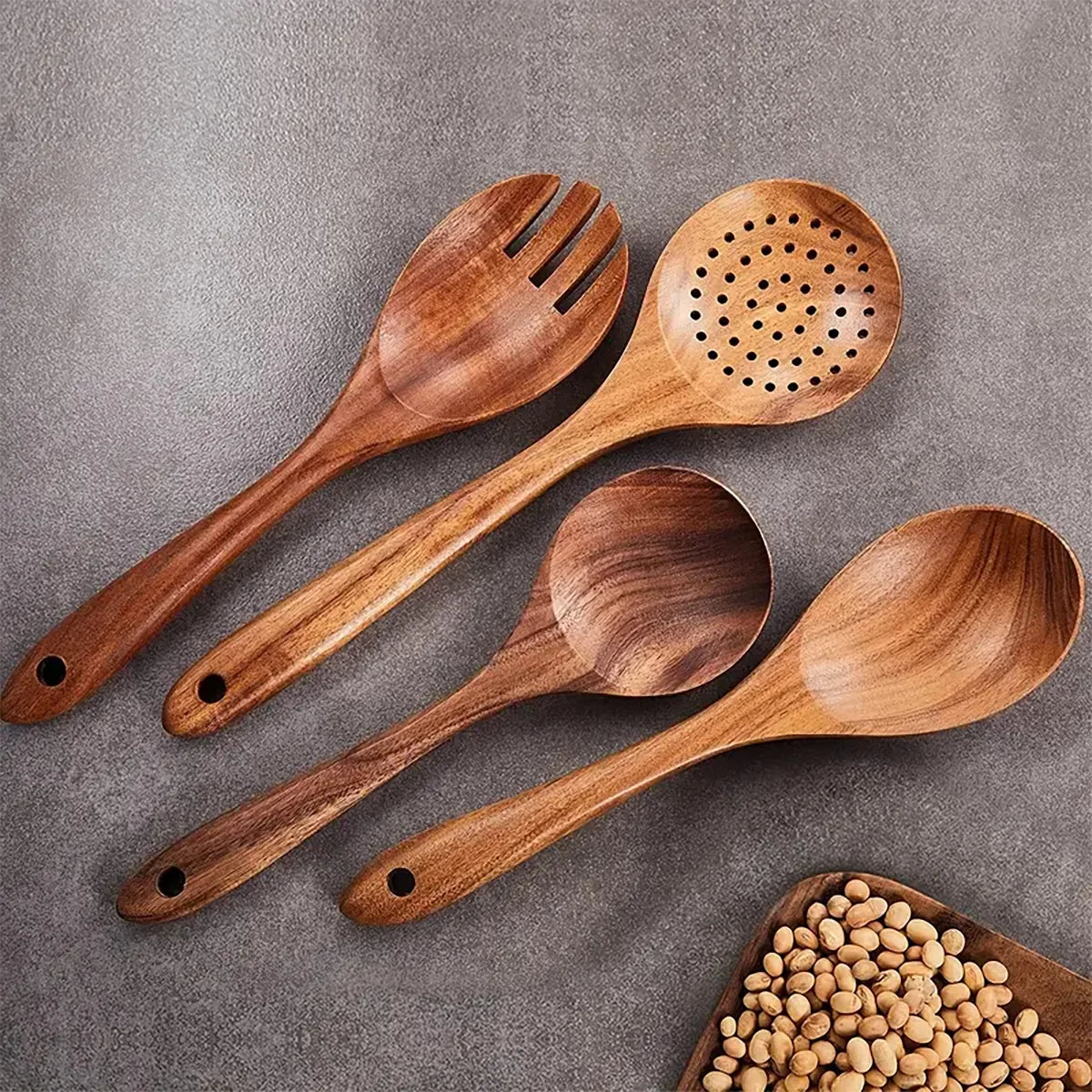 Set of 6 Wooden Cooking Spoons – Teak Wood Utensils for Non-Stick Cookware | NaturalBuiltHome