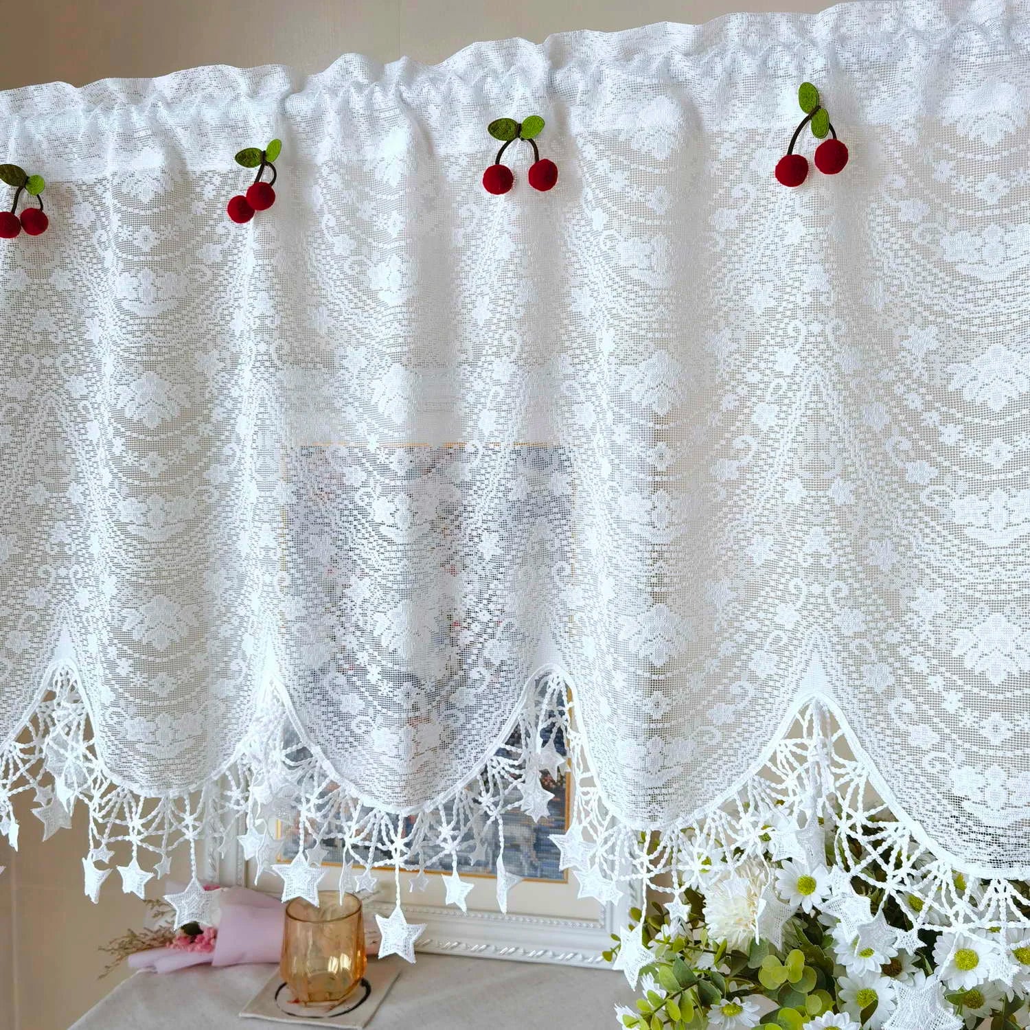 Cherry Decor White Sheer Kitchen Curtains Hollow Flower Living Room Door Half Window's Curtain Star Lace Cafe Drapery