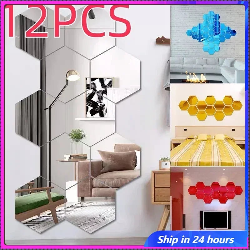 12Pcs Hexagon Acrylic Mirror Wall Stickers Home Decor DIY Removable Mirror Sticker Living-Room Decal Art Ornaments For mirror