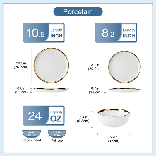 LOVECASA 12/24 Piece Ceramic Porcelain White and Golden Rim Dinnerware Sets With 4/8 PCS Dinner Plate/Dessert/Cereal Bowl for 4