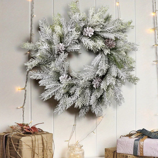 XIYA FLOWER Artificial Christmas Cedar Snow Powder Wreath Fake Pine Branches and Pinecone Grass Rings White Finish Home Deco