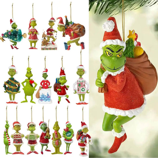 18Pcs 2D Acrylic Christmas Tree Green Monsters Ornaments Funny Xmas Tree Hanging Decor Christmas Party Supplies