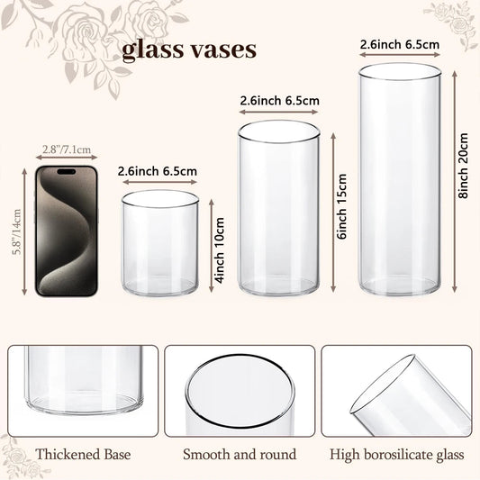 Glass Cylinder Vases 4/6/8 Inch Tall Clear Vases for Centerpieces Weeding Decoration, Clear Glass Flower Vases Hurricane