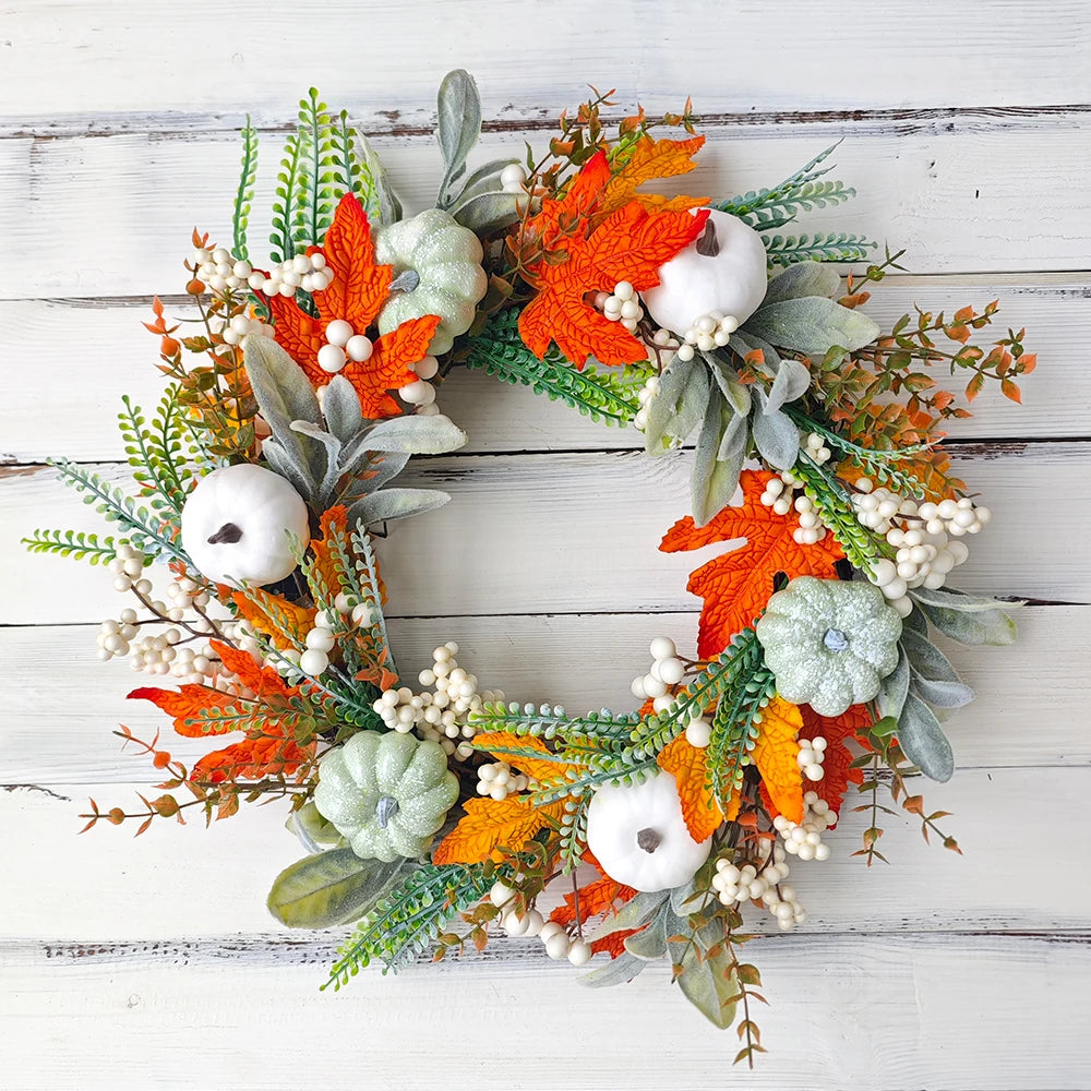 45cm Simulation Plant Pumpkin Wreath Fall Harvest Decor Garland for Front Door Wreath Thanksgiving Halloween Christmas Decor