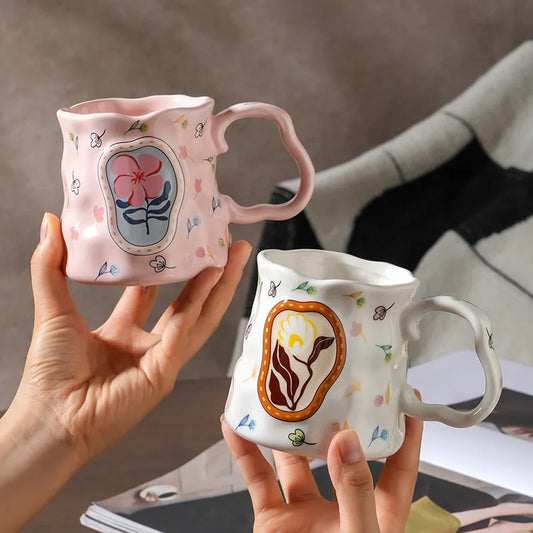 Dreamy Flower Clusters Handheld Ceramic Mug Good-looking Stylish Handpaint  Souvenir Irregular Relief Breakfast Coffee Water Cup
