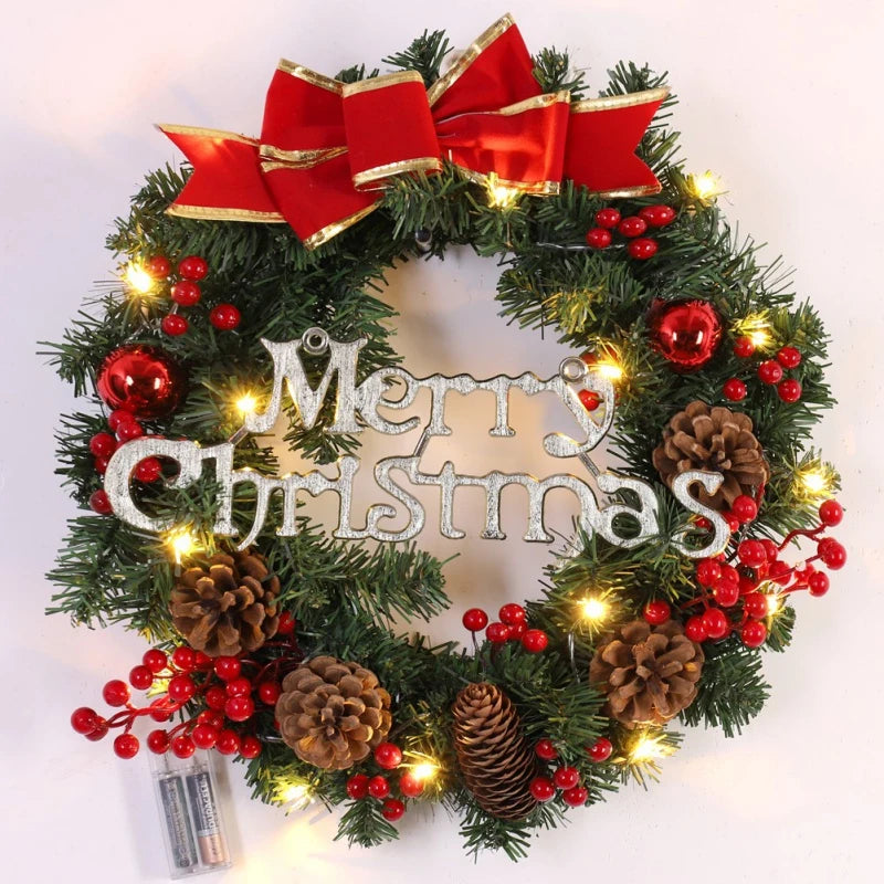 30/40CM Christmas Wreath LED Red Berry Pinecone Cone Flower Garland Merry Christmas Decoration Xmas Hanging Ornament Pendant