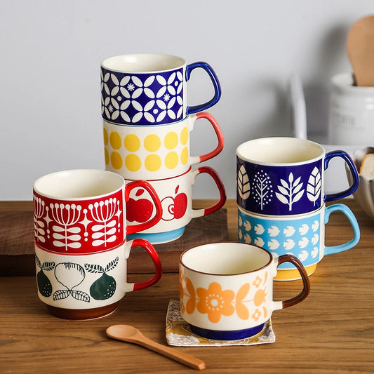 4pcs Retro Ceramic Coffee Mug Set – Colorful Underglaze Cups for Home & Kitchen | NaturalBuiltHome