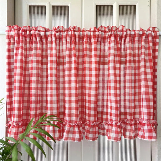 Classic Red Plaid Ruffle Short Cafe Curtains for Kitchen Bedroom Sheer Voile Valance Small Window Drapes Rod Pocket