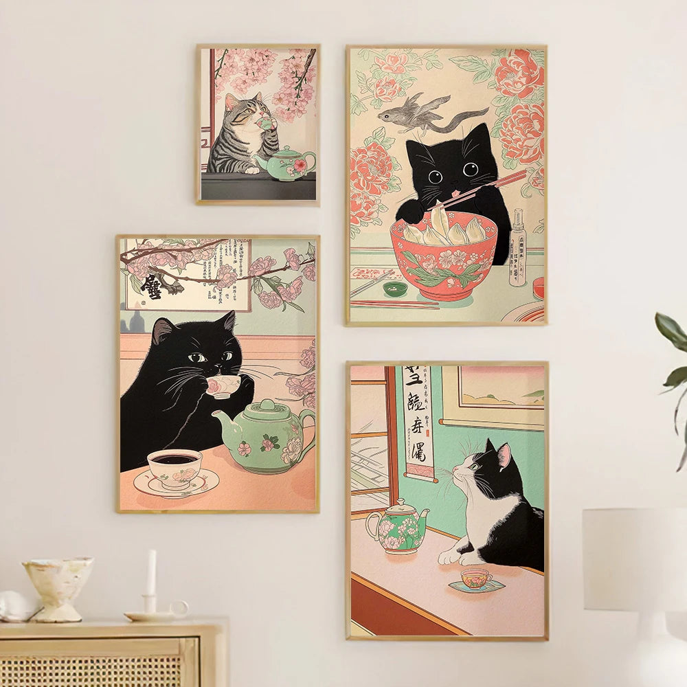 Black Cat Drinking Tea Japan Art Print Wall Decor Neutral Minimalist Aesthetic Wall Art Pictures Unique Cat Lover Gift Poster