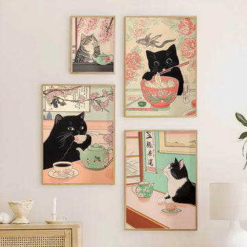 Black Cat Drinking Tea Japan Art Print Wall Decor Neutral Minimalist Aesthetic Wall Art Pictures Unique Cat Lover Gift Poster