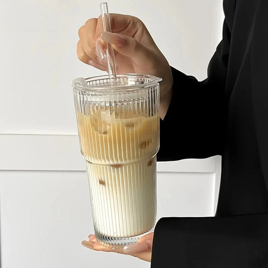 600ML Stripe Glass Coffee Cup with Lid and Without Cover Straw Transparent Drinking Glasses for Juice Iced Coffee Mugs Drinkware