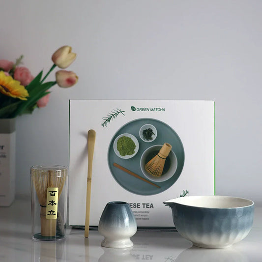 Matcha Tea Set – Ceramic Bowl with Bamboo Whisk, Spoon & Teaspoon (4pcs) | NaturalBuiltHome