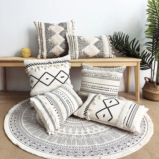 Boho Embroidery Cushion Cover Beige Black Tassels Pillow Cover 45x45cm/ 30x50cm Daisy Home Decoration Sofa Pillowcase