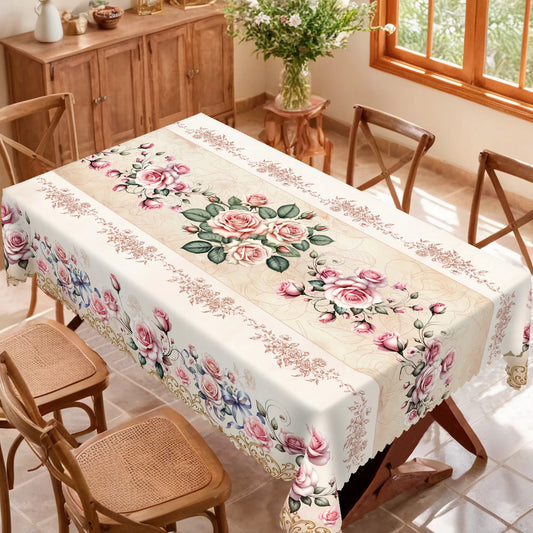 1 Piece Floral Round Tablecloth, 5 Sizes Available, Rose Flower Pattern Printed Tablecloth, Edge Embossing Process, Spring Garden Tablecloth Decoration, Tablecloth for Daily Home Kitchen, Terrace, Home Decoration, Spring Deco
