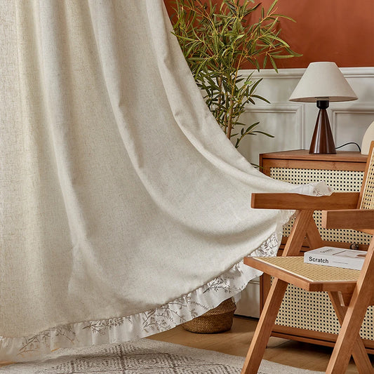 Beige Ruffle Curtains Farmhouse Rod Pocket Light Filtering Shabby Chic Window Curtain for Bedroom Nursery Living Room Decoration