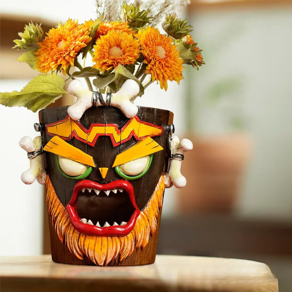 Unique Tiki Head Planter Pot - Funny Garden Decoration Indoor Outdoor Flowerpot with Drainage Hole for Succulents And Flowers