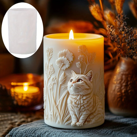Cute Cat Relief Cylinder Candle Silicone Mold Pet Cat Flower Plant Relief Cylinder Resin Mould Cats Relief Cylinder Gypsum Molds