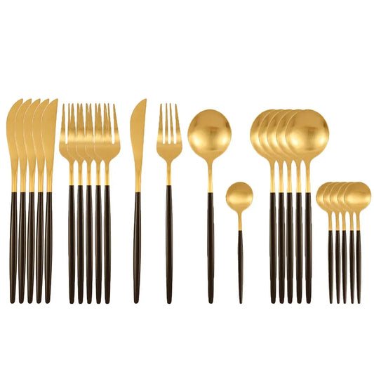 24pcs Stainless Steel Cutlery Set – Black & Gold Dinnerware Set with Knife, Fork, Spoon & Teaspoon | NaturalBuiltHome