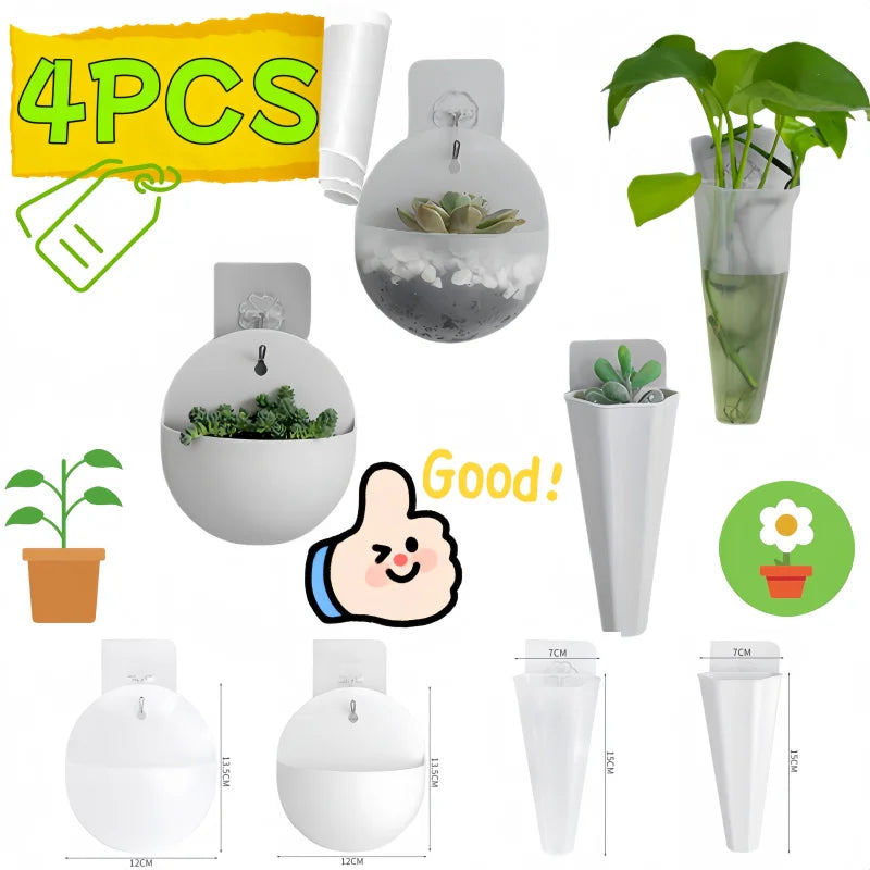 4-1PCS Plant Pot Wall-Mounted Hydroponic Pot Plastic Flower Vase DIY Pendant Light Plant Pot Hook Wall Storage Home Garden Decor