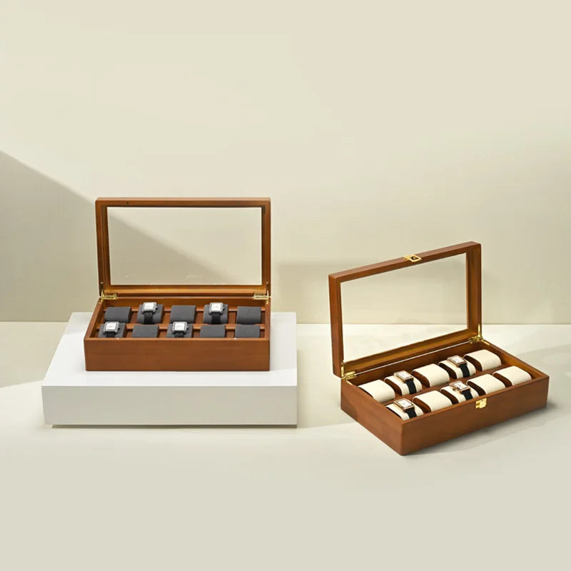 Wooden Watch Box Organizer – 10-Slot Solid Wood Jewelry Case with Glass Lid & Secure Lock | NaturalBuiltHome